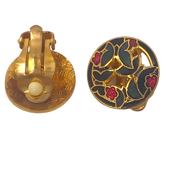 Vintage Cloisonné Enamel Floral Clip On Earrings - Picture 1 of 4